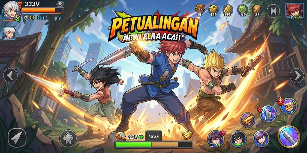 Tampilan gameplay anime yang penuh aksi dan karakter menarik.