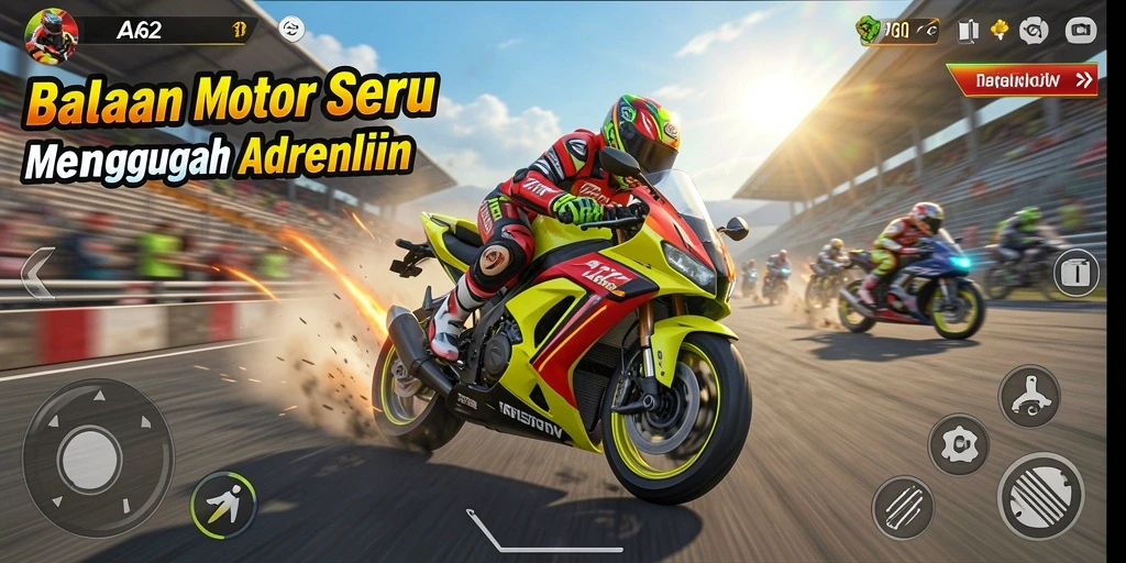 Gameplay AA62 yang memukau saat balapan motor di trek yang menantang.
