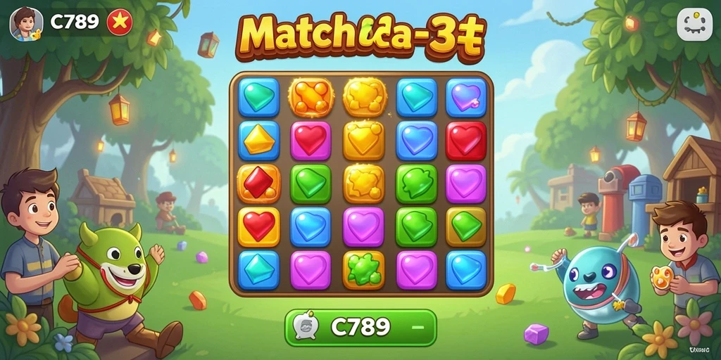 Tampilan gameplay C789 yang penuh warna dalam pertandingan Match-3.