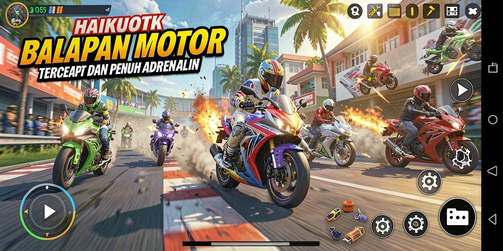 Tangkapan layar HAIKUOTK menunjukkan gameplay balap motor yang mendebarkan.