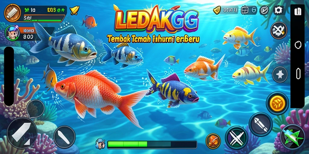 Tampilan gameplay <strong>LEDAKGG</strong> yang seru dan penuh warna saat menangkap ikan.
