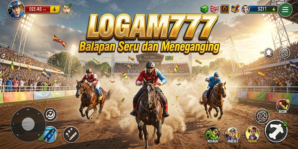 Tampilan gameplay seru LOGAM777 dengan mobil balap beraksi di lintasan.