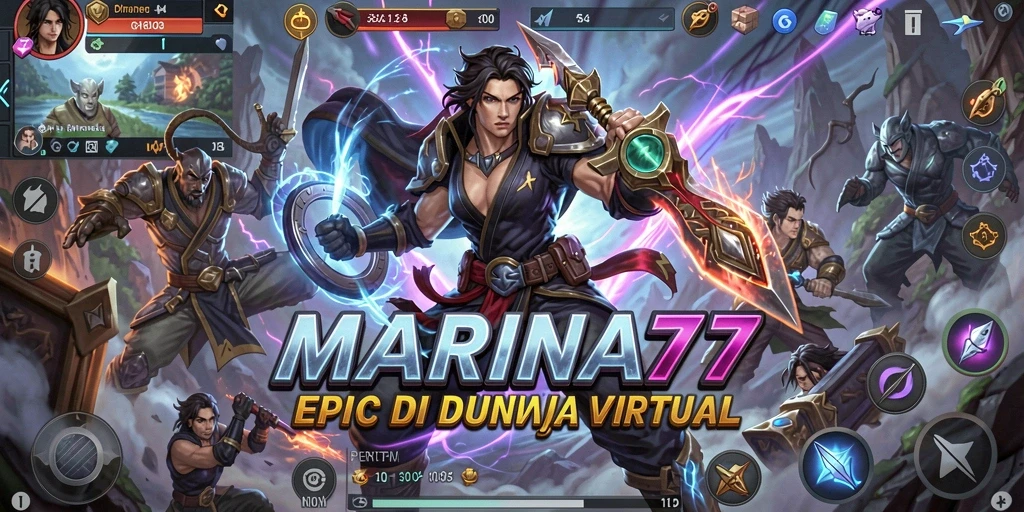 Screenshot utama MARINA77 menampilkan pertarungan seru antar karakter.