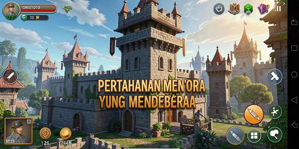 Gameplay ORISTOTO dengan menara dan musuh yang dinamis dalam pertahanan.