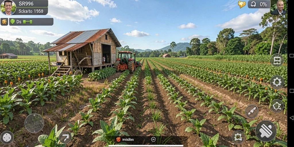 Screenshot gameplay SR996 menampilkan ladang hijau subur dan aktivitas bertani.