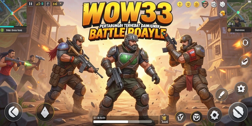 Screenshot utama WOW33 menampilkan pemain bertarung dalam arena Battle Royale.