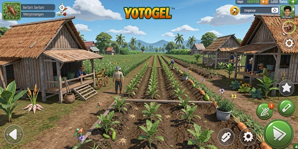 Screenshot gameplay YOTOGEL yang menunjukkan kebun yang subur dan aktivitas bertani.
